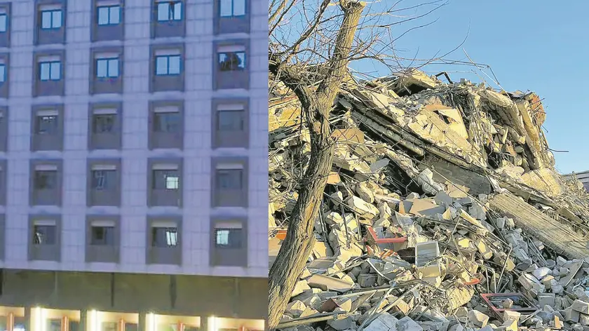 Ecco due immagini dell'hotel Sahra a Kahramanmaras, dove alloggiava Angelo Zen, prima e dopo il terribile terremoto delle 4 di notte di lunedì