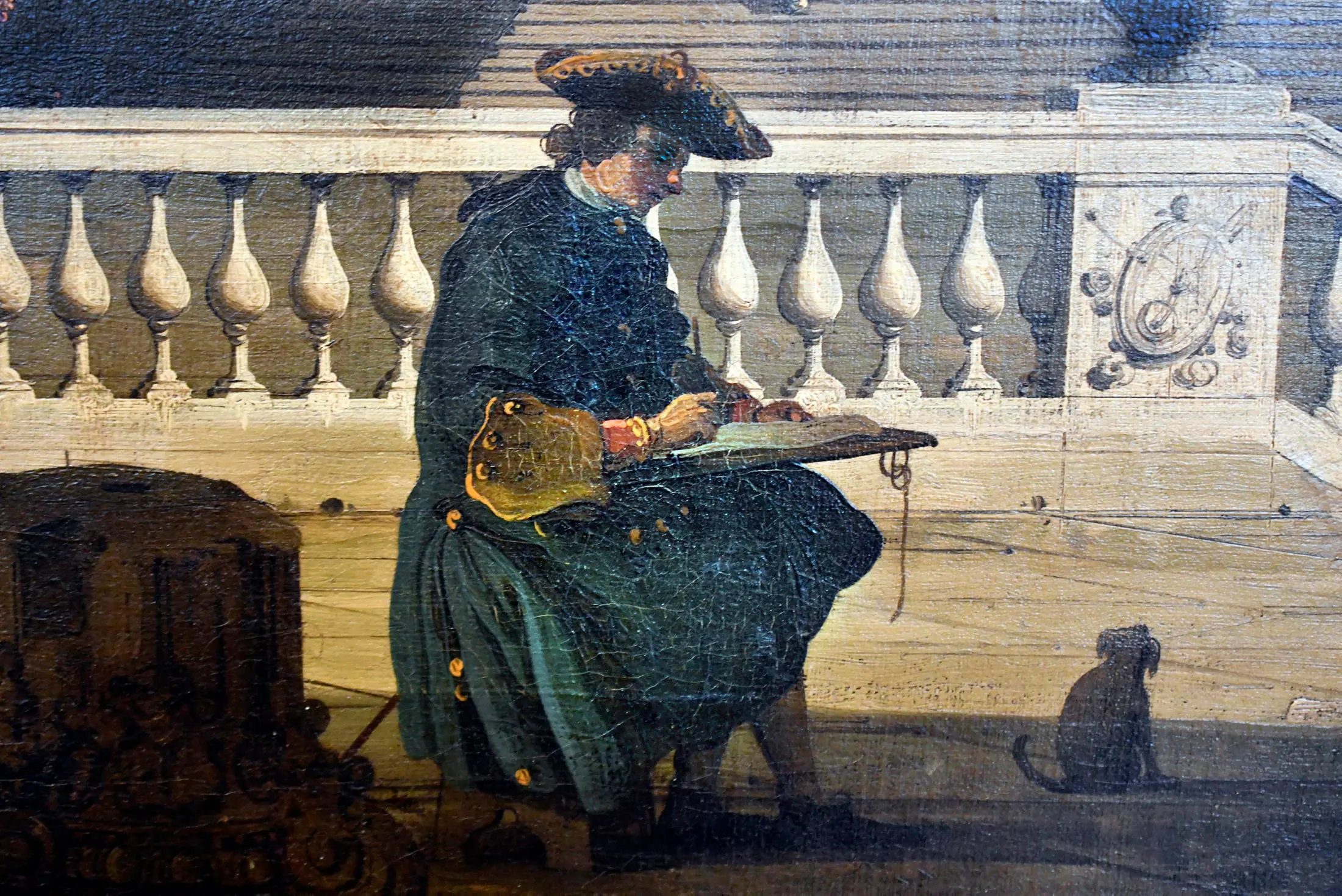 10/04/2018 Roma. La mostra Canaletto 1697-1768, a cura di Bozena Anna Kowalkzyk, celebra, con il più grande nucleo di opere mai esposto in Italia, il 250° anniversario della morte dell'artista. A Palazzo Braschi fino al 19 agosto 2018. Capriccio architettonico, particolare con autoritratto dell'artista intento a doisegnare