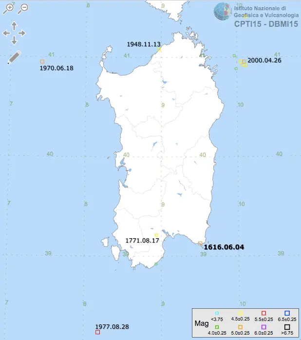 La mappa dei più forti terremoti in Sardegna dal sito dell'Istituto nazionale di geofisica