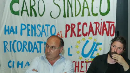 GIORNALISTA: Baschieri AGENZIA FOTO: Candussi LUOGO: Mestre, Palaplip DESCRIZIONE: lavoratori comunali e candidati sindaco di Venezia a confronto - nella foto da dx Brugnaro, Giampietro Bizzo, Francesco Doro (sostituto di Alessandro Busetto), Paolino D'Anna (sostituto di Francesca Zaccariotto)