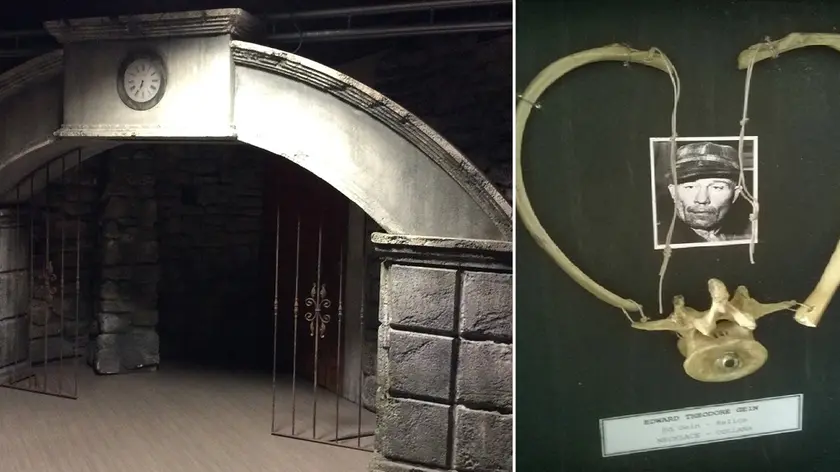 L'entrata della prigione in cui Edward Gein rinchiudeva le sue vittime, di cui usava la pelle per cucirsi abiti e poltrone e le ossa per collane (a destra)