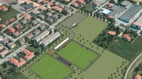 Il rendering con l’immagine dei campi da calcio e delle aree polivalenti vicine