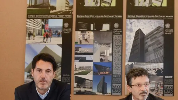 Interpress/M.Tagliapietra Venezia 20.02.2017.- Presentazione e firma Digital Management. Università di à Foscari e H-Farm. Da sx Riccardo Donadon, Rettore Michele Bugliesi, Prof.ssa Anna Comacchio.