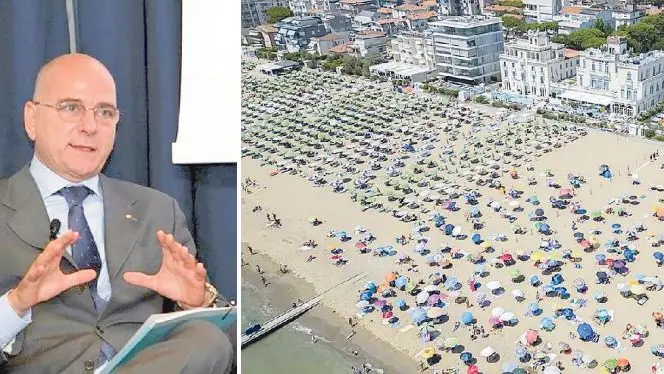 Marco Michielli (Confturismo Veneto), a destra un'immagine del litorale di Jesolo