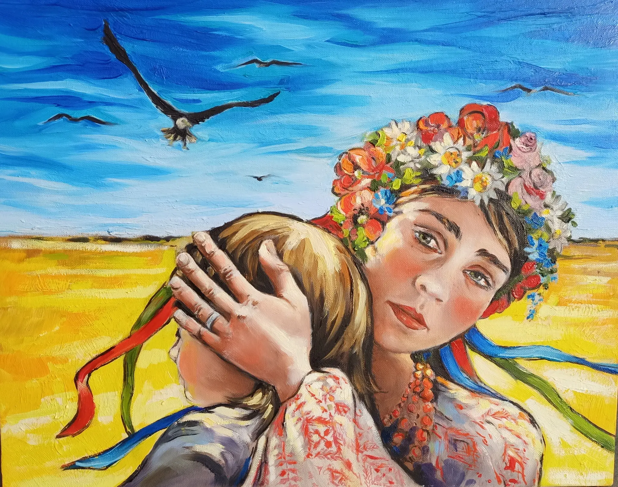 Il quadro realizzato dalla pittrice ucraina Oksana Khachatry esposto nella chiesa della Resurrezione