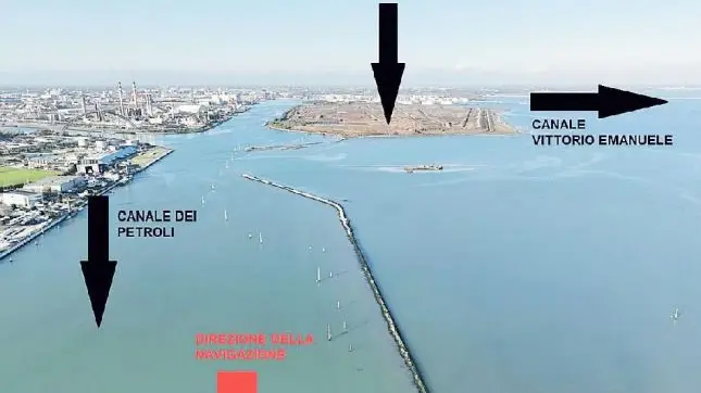 Il percorso delle grandi navi fino al canale Vittorio Emanuele, che dovrà essere sottoposto agli scavi