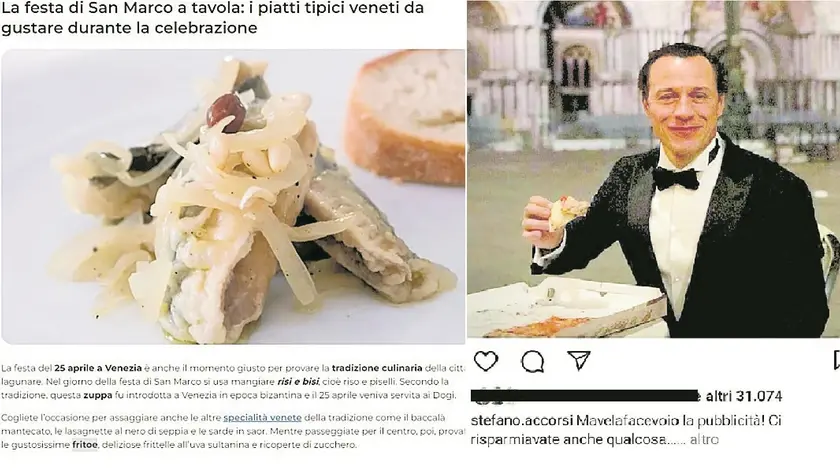 A sinistra una delle tantissime informazioni sbagliate su Venezia e il Veneto contenute nella pubblicità costata 9 milioni voluta dal Ministero del Turismo. A destra il post pubblicato su Instagram da Accorsi: «Ve la facevo io la pubblicità. E risparmiavate»