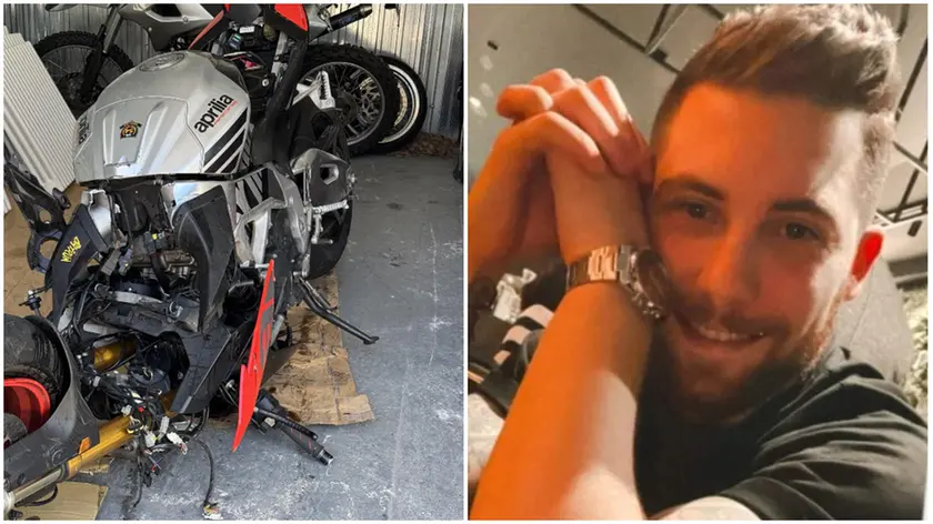 La moto distrutta di Giorgio Nicotra, 30 anni. A destra la vittima