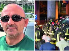 Bujar Bucaj, tra i primi soccorritori. A destra l’autobus precipitato dal cavalcavia
