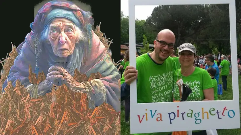 La befana ecosostenibile che sarà proiettata al Piraghetto. A destra Stefano Giacomazzi e una volontaria di “Viva Piraghetto”