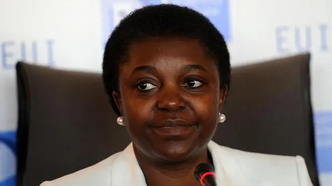 Il ministro dell'integrazione Cecile Kyenge durante la conferenza stampa a margine dei lavori 'The state of the union' organizzata dall'Istituto Universita' Europea che si svolge a Palazzo Vecchio nel salone dei Cinquecento. Firenze, 9 Maggio 2013. ANSA /CARLO FERRARO