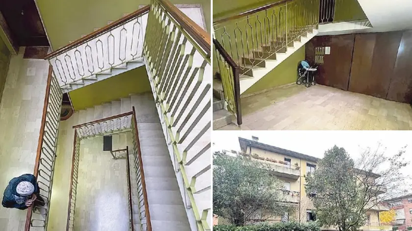 A sinistra una foto dal terzo piano della tromba delle scale, in alto a destra l’androne dov’è caduto il 19enne, sotto il condominio di via Marostica