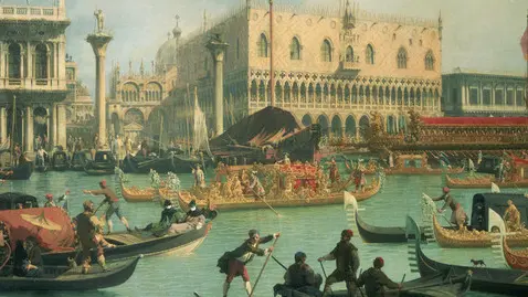 ca. 1750 --- Venice: The Return of the Bucintoro to the Molo on Ascension Day by Canaletto --- Image by © Alexander Burkatovski/CORBIS