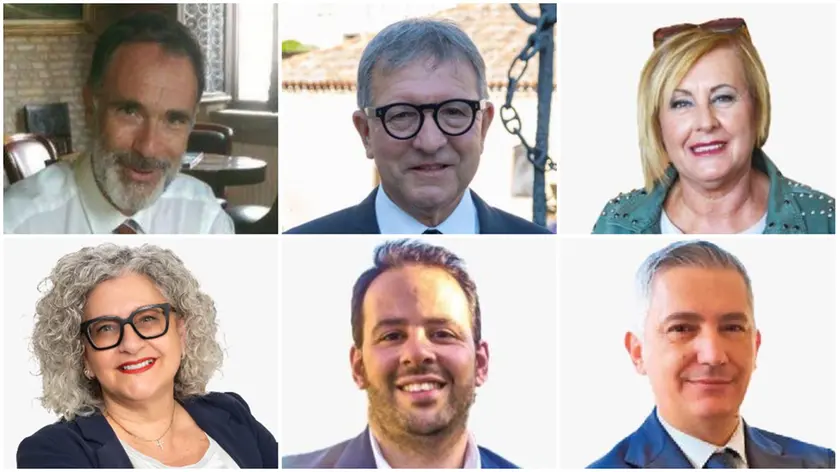 In senso orario dall'alto a sinistra il sindaco Luigi Toffolo, il vicesindaco Michele Lipani, gli assessori Nella Lepore, Ketty Fogliani, Mattia Niccoló Scavo e Robert Cirfera
