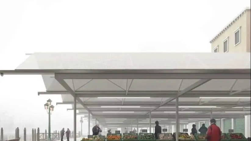 Il rendering con i banchi del mercato di frutta e verdura con i nuovi tendaggi