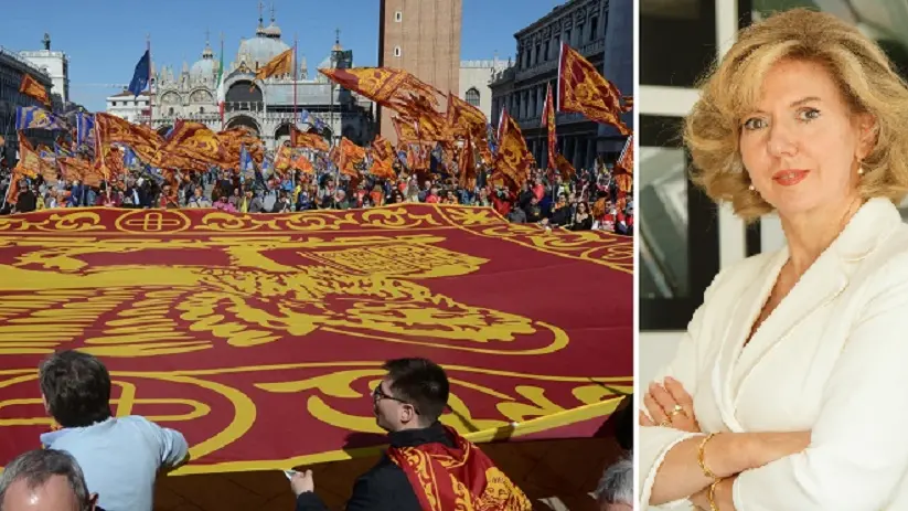 Una manifestazione venetista e Daniela Beltrame