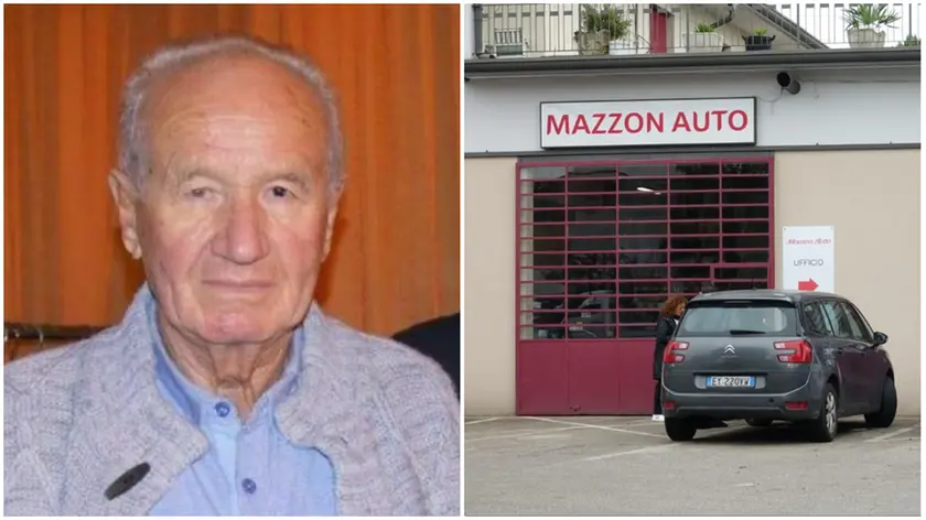 La vittima Damiano Mazzon e l’Autofficina Mazzon di via Bellini a Marcon, teatro della tragedia (foto Agenzia Pòrcile)