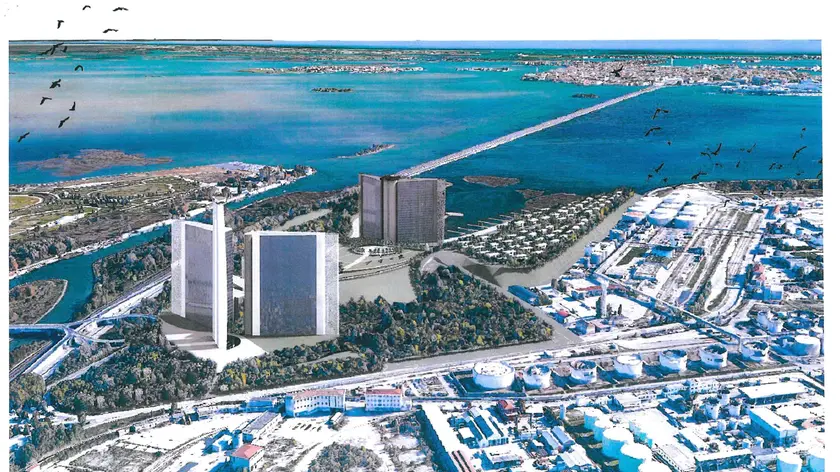 Il rendering del progetto di recupero dell’area dei Pili, a Marghera
