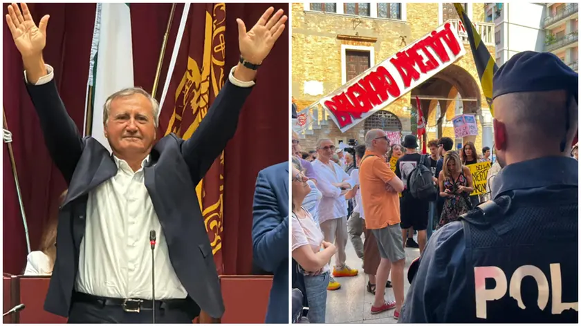 Il sindaco Brugnaro al termine del suo discorso e le proteste fuori dal municipio di Mestre (foto Lorenzo Pòrcile)