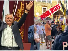 Il sindaco Brugnaro al termine del suo discorso e le proteste fuori dal municipio di Mestre (foto Lorenzo Pòrcile)