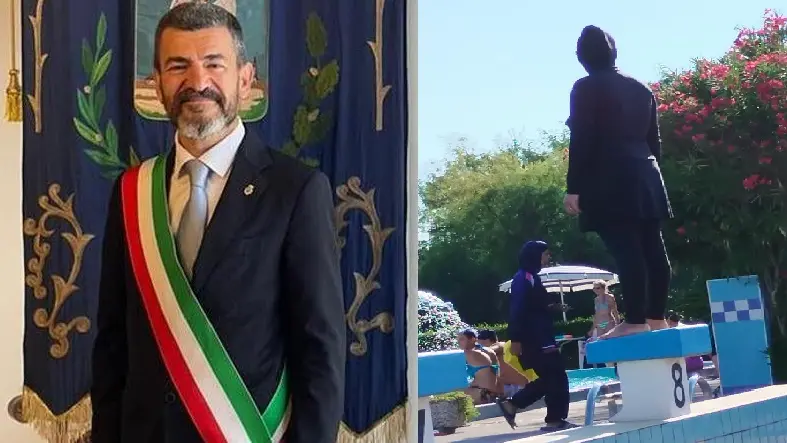 Il sindaco Teso e le due ragazze che hanno indossato il costume da bagno islamico in piscina a San Donà