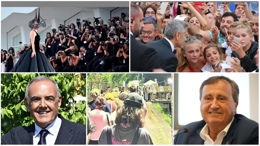 In senso orario dall'alto a sinistra il red carpet di Lady Gaga all'81esima Mostra del Cinema di Venezia, George Clooney assediato dai fans, il sindaco Luigi Brugnaro, code agli imbarcaderi durante la Mostra e il direttore artistico Alberto Barbera