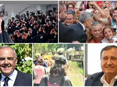 In senso orario dall'alto a sinistra il red carpet di Lady Gaga all'81esima Mostra del Cinema di Venezia, George Clooney assediato dai fans, il sindaco Luigi Brugnaro, code agli imbarcaderi durante la Mostra e il direttore artistico Alberto Barbera