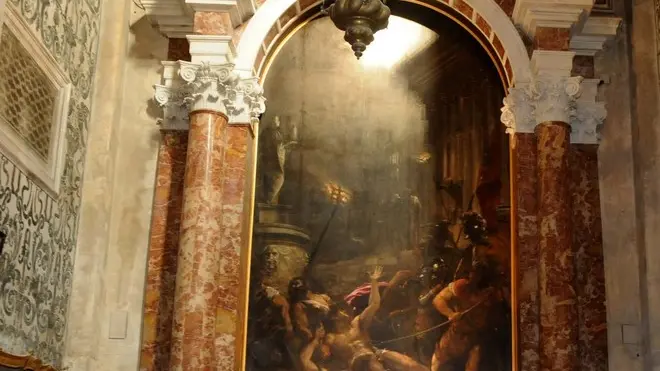 Interpress/Mazzega Tantucci Venezia, 12.12.2013.- Chiesa Gesuiti, Riposizionato il Quadro "Martirio di San Lorenzo" di Tiziano Vecellio, dopo il restauro.-