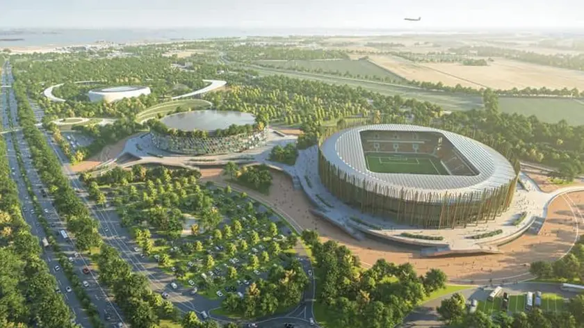 Il rendering del progetto complessivo che comprende lo stadio, in primo piano, e l’arena, in secondo piano