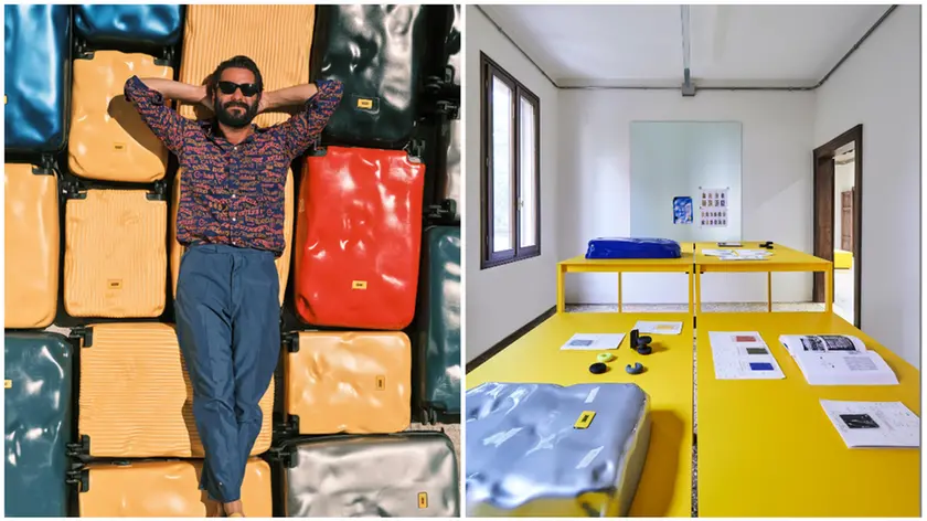 A sinistra Francesco Pavia, fondatore di Crash Baggage. A destra il laboratorio dove nascono le valigie
