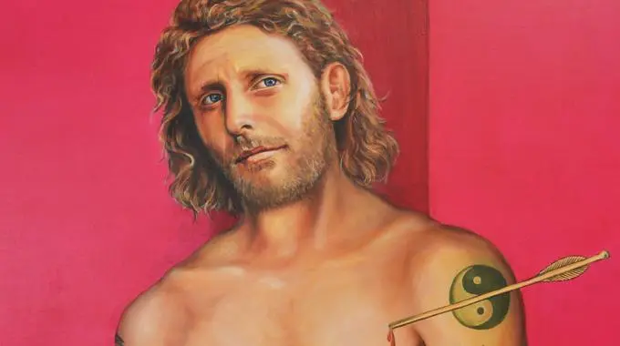 Una delle opere di Ivancich: lapo Elkann rappresentato come un santo