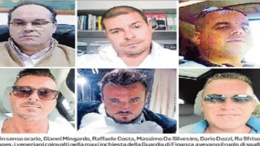 Gli imprenditori veneziani coinvolti nell'inchiesta sulla maxi-evasione, dall'alto in senso orario: Gianni Mingardo, Raffaele Costa, Massimo De Silvestro, Dario Dozzi, Ra Sfriso e Pietro Papes