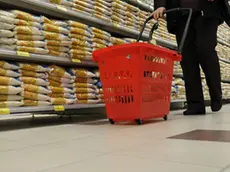 Una persona con un piccolo carrello della spesa in una supermercato di Pistoia, in una immagine di archivio. Sono 8 milioni 272 mila le persone povere in Italia, il 13,8% dell'intera popolazione. E' quanto fa sapere l'Istat, aggiungendo che nel 2010 le famiglie in condizione di poverta' relativa sono 2 milioni e 734 mila, l'11% delle famiglie residenti. L'Istituto spiega che si tratta di quelle famiglie che sono cadute al di sotto della linea di poverta' relativa, che per un nucleo di due componenti e' pari ad una spesa mensile di 992,46 euro..ANSALUCA CASTELLANI