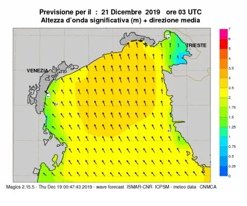La sessa, cioè l'onda attesa in Alto Adriatico per sabato 21 alle 4 ora locale (Ismar Cnr)