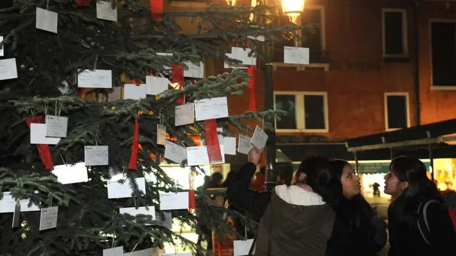 Interpress/Mazzega Piovato Venezia, 23.12.2013.- Campo San Geremia, albero di Natale con i desideri dei migranti..-