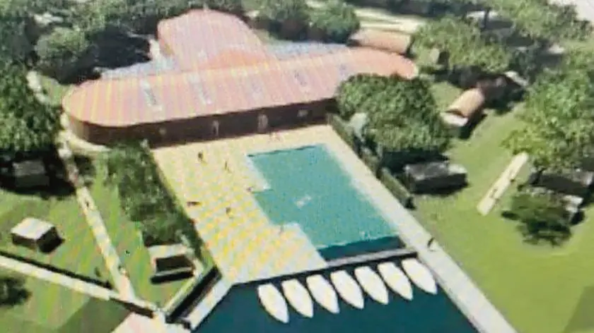 Il rendering del resort di lusso e la piscina di cristallo sull’isola di San Secondo