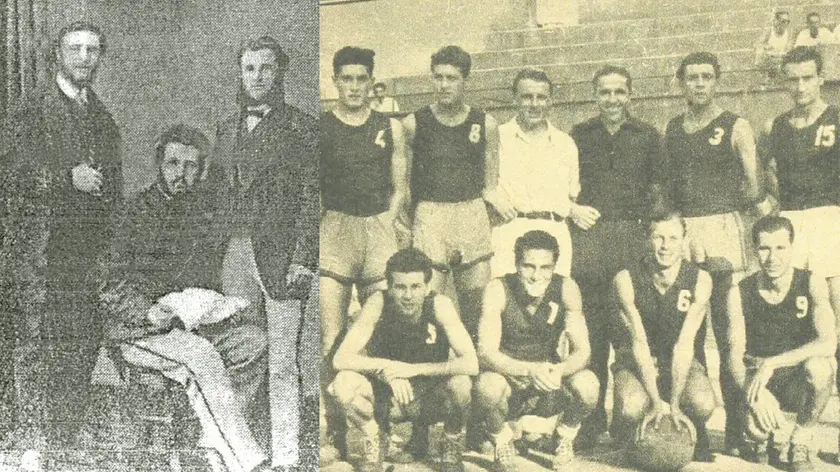 A sinistra Domenico Pisoni, Costantino Reyer (seduto) e Pietro Gallo e la squadra scudettata nel ’43