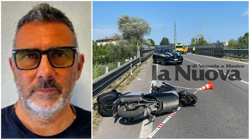 A sinistra Gianluca Bortoluz, morto in sella al suo scooter