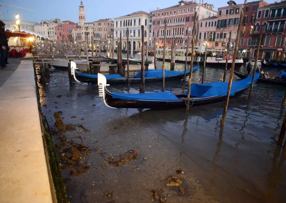 Interpress/M.Tagliapietra Venezia 04.01.2015.- Bassa Marea Canal Grande Rialto.